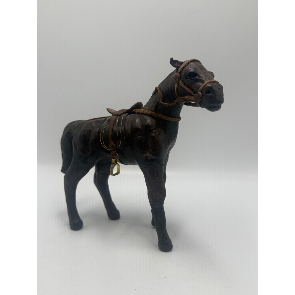 Vintage Leather Wrapped Horse Figurine Standing Stallion Equestrian Decor 7 inch